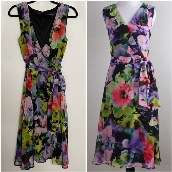 Tahari Dresses & Skirts - Tahari Vibrant Floral Print Tie Waist Faux Wrap Dress